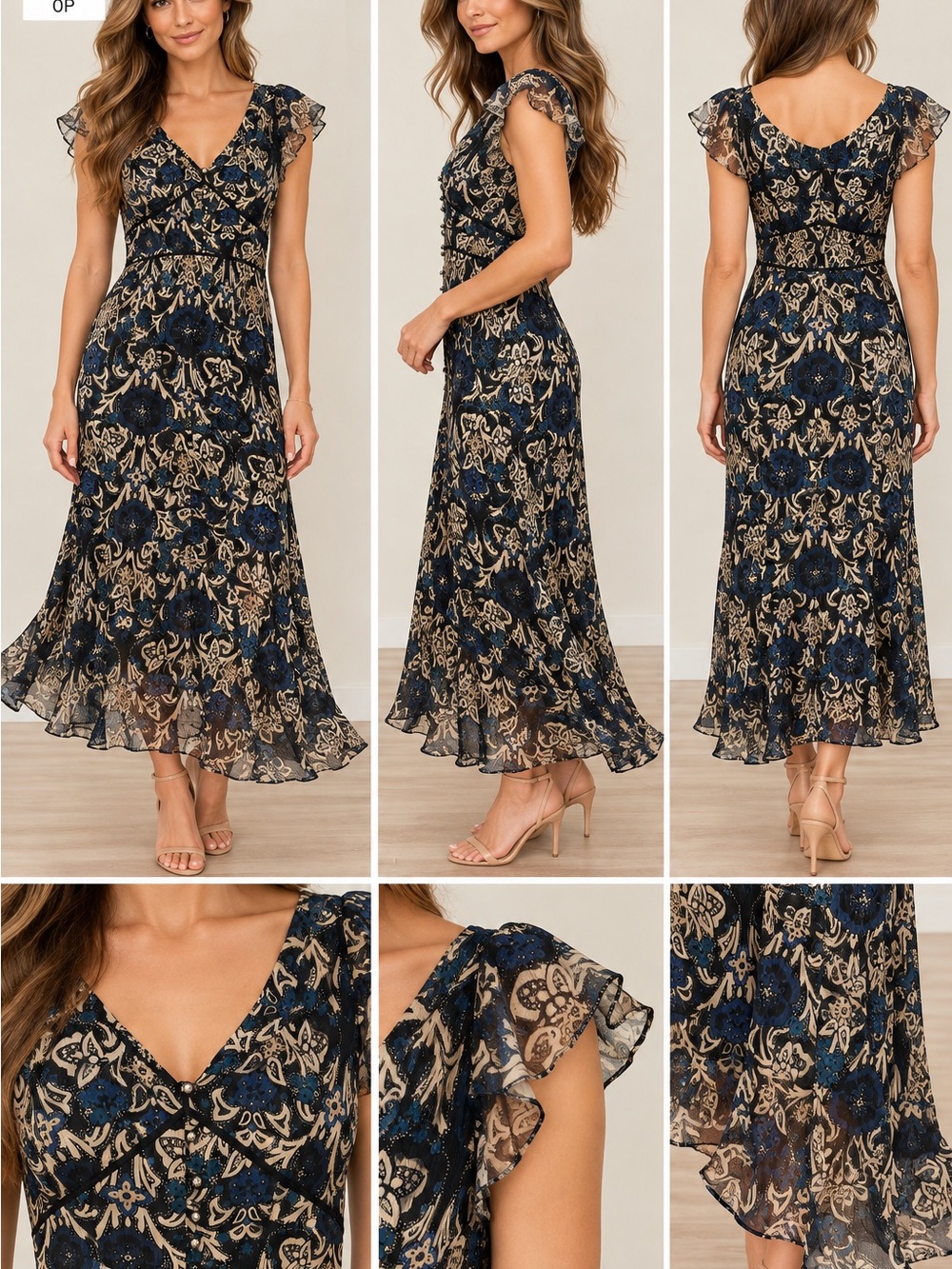 LOFT Navy and Gold Floral Ruffle Midi Dress sz OP - Picture 1 of 8
